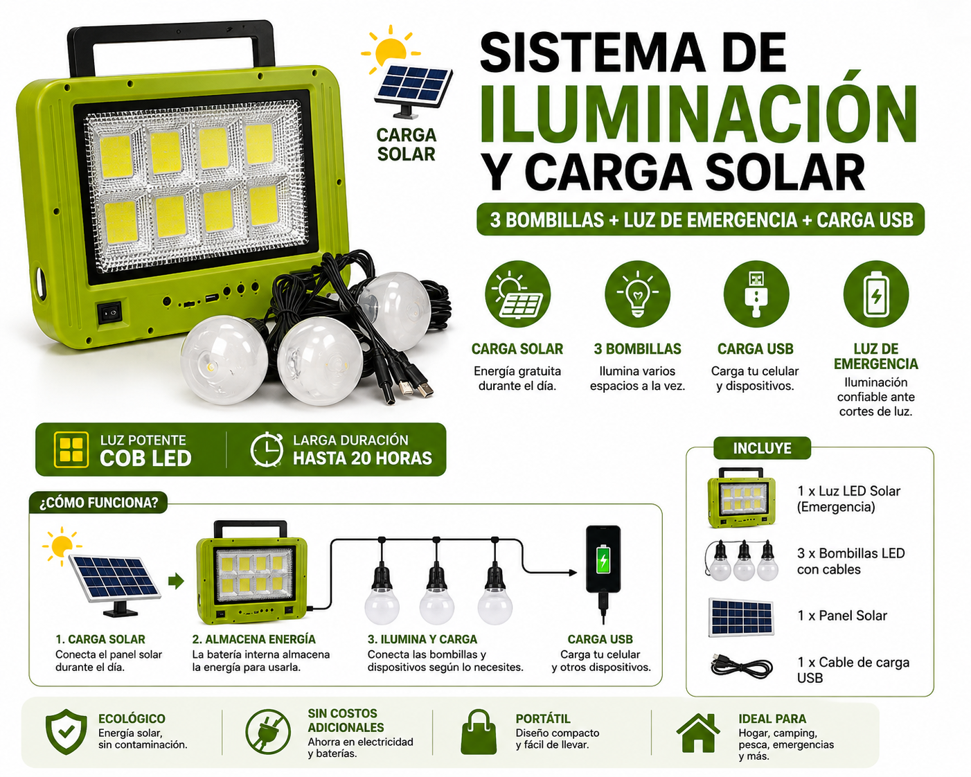 Kit de Luz Solar LED con 3 Ampolletas Portátil